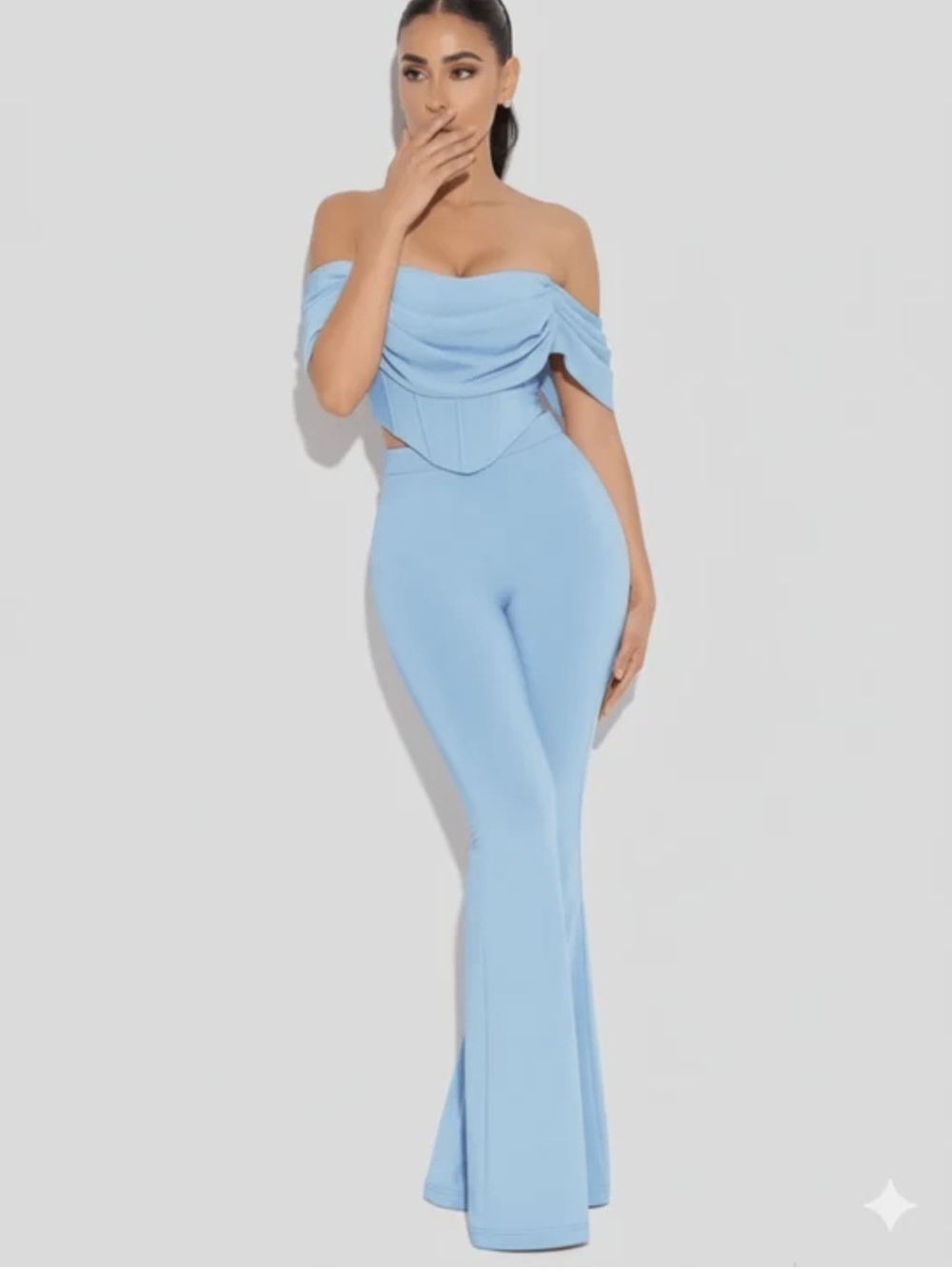 Off-Shoulder Light Blue 2 Piece Set with Corset Waist Flare Pants Elegant